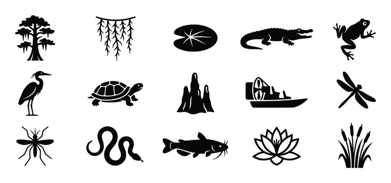 Collection of black silhouette icons depicting various swamp and wetland elements, including animals, plants, and an airboat