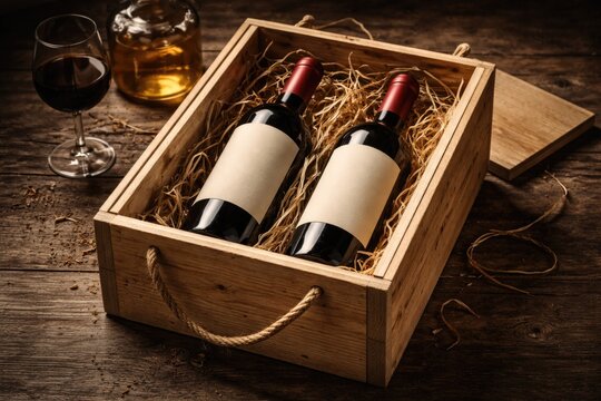 Wooden plywood box background with wine packaging mockup