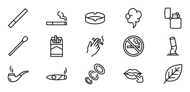 Comprehensive collection of smoking-related outline icons, including cigarettes, cigars, lighters, ashtrays, and no-smoking signs, presented in a clean, minimalist style