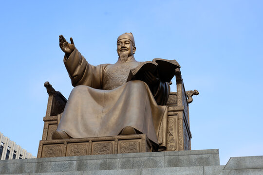 The golden statue of King Sejong the Great in Seoul.