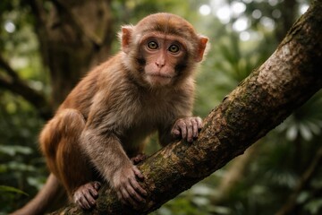 Fototapeta premium A curious rhesus macaque monkey perched in natural habitat