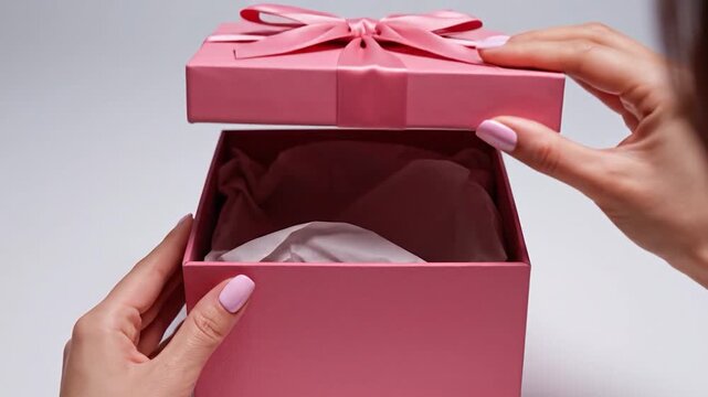 A person's hands gently opening a pink gift box tied with a satin ribbon, revealing the surprise inside