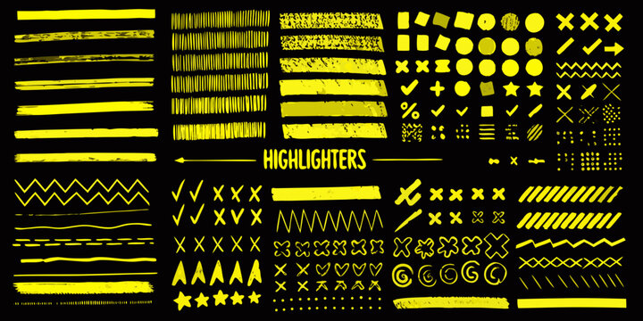Collection of bright yellow highlighter brush strokes and doodle elements