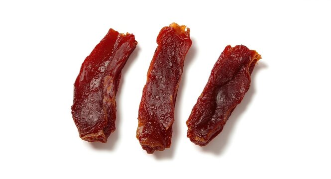 Three isolated jerky pieces set on white surface top down perspective