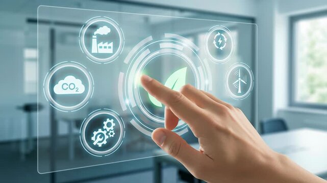 Green leaf icon on transparent digital screen with hand pointing showing zero carbon energy source for electricity economy and waste reduction concept for sustainable future growth