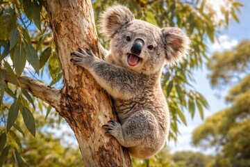 Fototapeta premium Playful koala climbing a eucalyptus tree on a sunny day