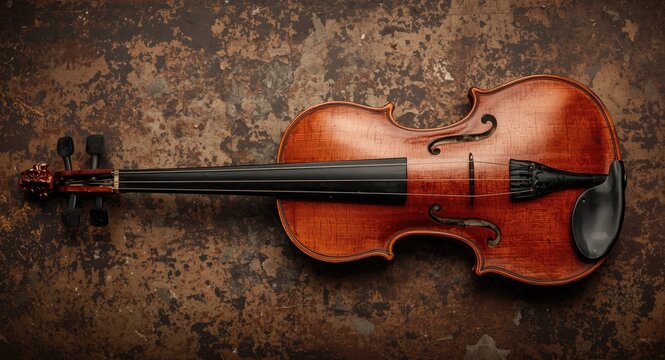Timeworn violin positioned on barnacled metal texture featuring copy space