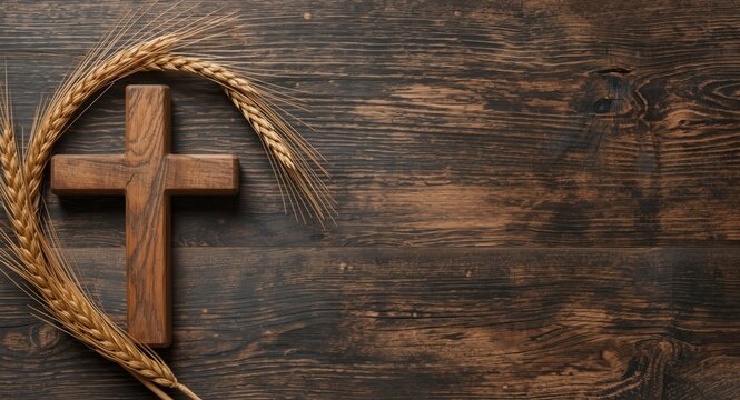 Wood cross encircled by wheat stalks on a dark aged wood background featuring copy space