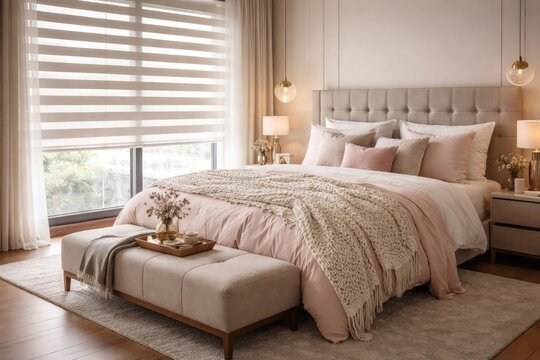 Modern bedroom featuring a cozy bed with knit plaid and light pink blanket alongside a bench ottoman and zebra blinds