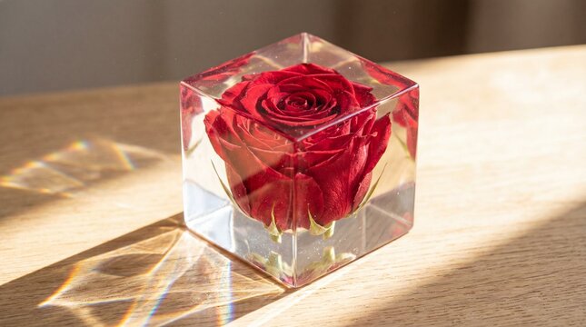 Preserved Red Rose Encased in Clear Resin Cube with Prismatic Sunlight