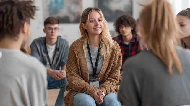 Therapist working with group of teenagers during counseling session