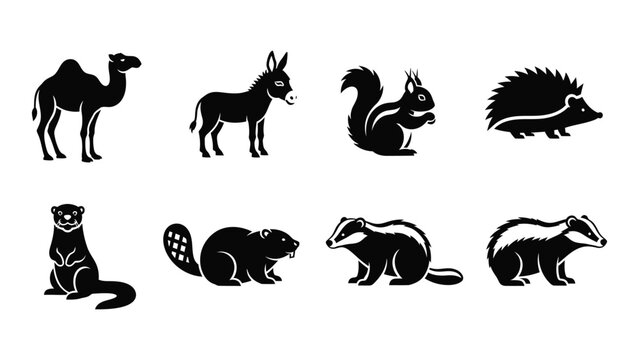 A collection of eight animal silhouettes including a camel donkey squirrel and badger presented in black high quality professional detailed modern