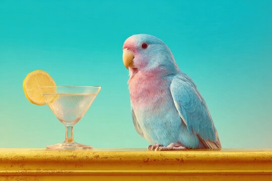 Colorful Parrot Beside Martini Glass Drink.
