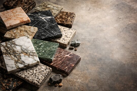 Assorted natural stone samples including marbles and granites displayed on a textured surface with copy space