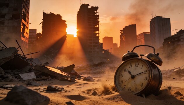 An old alarm clock sits amidst rubble and debris in a post-apocalyptic cityscape at sunset with a warm orange glow and rays of light