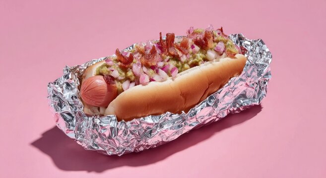 Hot Dog with Toppings on Pink Background.