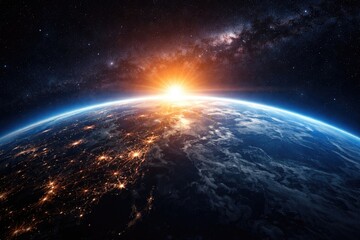 Fototapeta premium A vibrant animation showing Earth's rotation transitioning from night to day with sunrise on the horizon