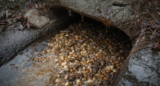 Stormwater runoff with oily sheen flowing through a heavily filled concrete drainage culvert
