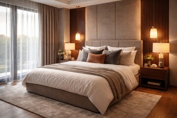 Fototapeta premium Cozy modern bedroom with a stylish bed full of assorted pillows arranged neatly