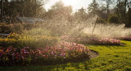 Obraz premium Garden irrigation system misting well maintained flowerbeds under a bright sunny sky