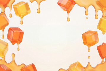 Melting jelly cubes with dripping syrup on a white background
