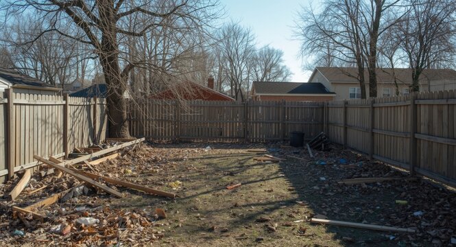 Unused backyard covered in litter and scattered debris surrounded by simple wooden fencing during clear weather