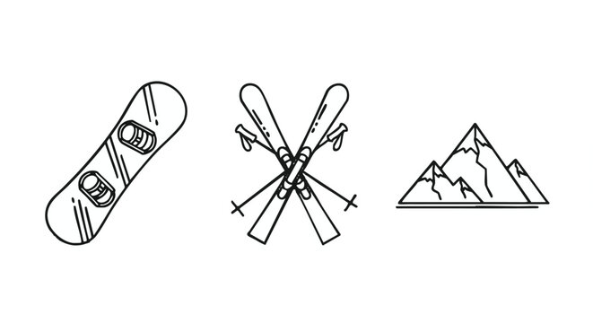 Minimalist black and white line art icons depicting a snowboard, crossed skis, and a mountain.