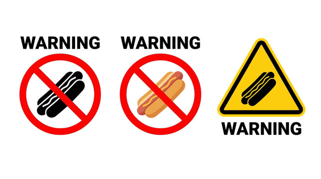 Three different warning signs indicating no hot dogs are allowed, one in a red circle and a yellow hazard triangle