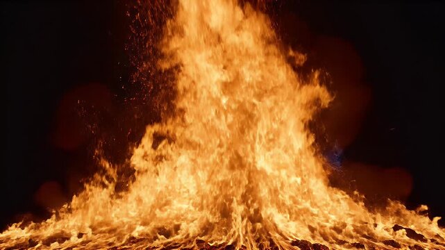 Intense inferno erupts with vibrant orange flames, casting an ominous glow
