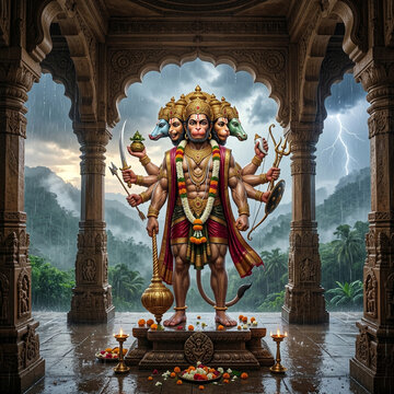 Panchamukhi Hanuman standing in a temple during a storm with lightning background
