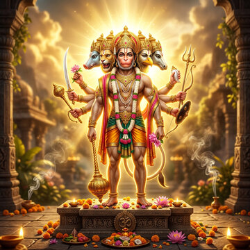 Panchamukhi Hanuman with five faces, divine glow, Hindu mythology deity