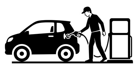 High-contrast graphic of a worker pumping gasoline into a car. Clean, modern vector art depicting a petrol station scene. Sharp, isolated icon style ideal for automotive and energy themes. © Suriya