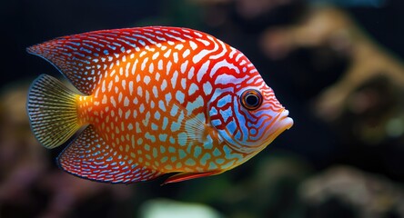 Obraz premium Vibrant discus fish close up showing bright patterns in tank