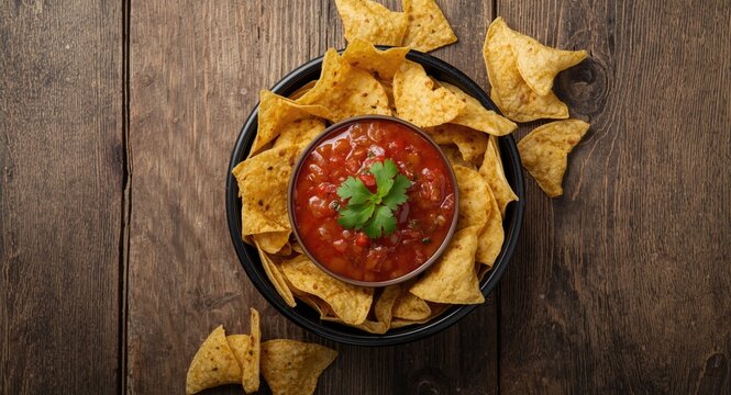 Top view of crispy tortilla chips and spicy salsa served in a bowl on rustic wooden surface