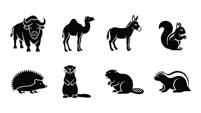 A collection of diverse animal silhouettes including a bison camel donkey and squirrel presented in a minimalist style silhouette high quality