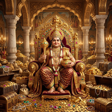 Divine Lord Kubera, The God of Wealth, Seated on a Golden Throne with Treasures