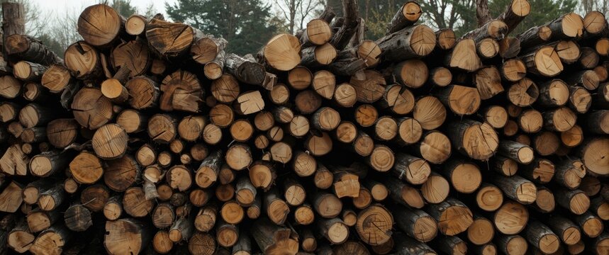 Timber yard with firewood logs grouped for building and processing