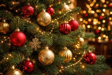 Fototapeta premium Close up of Christmas tree branches decorated with red and gold baubles in a cozy festive room