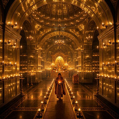 Fototapeta premium Interior View of an Ancient Stone Temple Illuminated by Golden Lamps