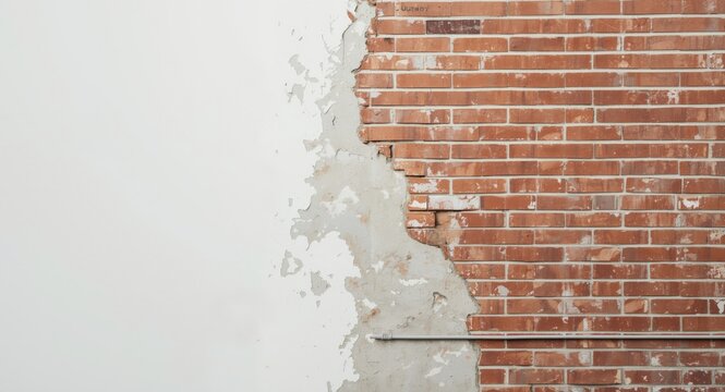 Wall in progress with plaster patching and electrical conduit on brick surface