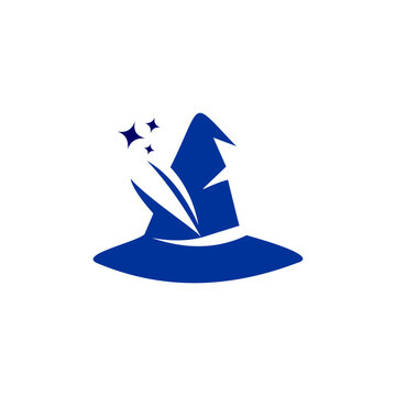 A magical and minimalist logo in a vibrant royal blue depicting a wizard's hat.