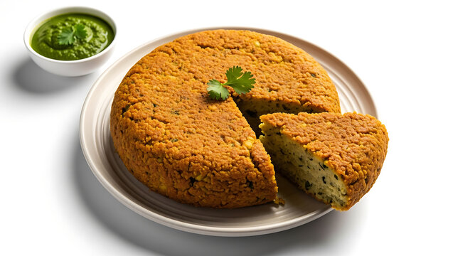 Traditional Gujarati Handvo savory vegetable cake served on a plate with green chutney. A healthy fermented snack made from rice, lentils, and vegetables like bottle gourd, seasoned with mustard seeds