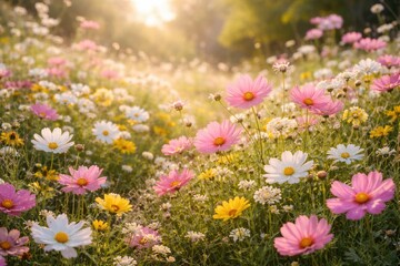 Obraz premium Vibrant flower meadow blooming with pink white and yellow petals under gentle sunlight in spring garden