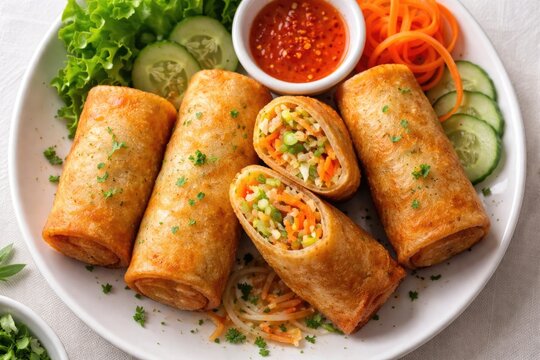 Top view of a healthy Asian vegetable risol with carrots cabbage and noodles on a white plate