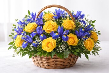 Fototapeta premium Yellow Roses and Blue Irises in a Basket on White Background