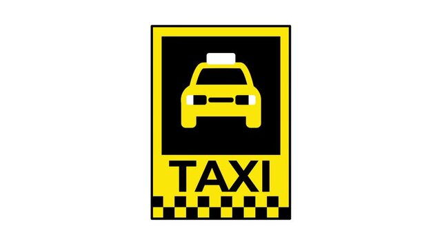 The graphic displays a vertical yellow rectangular sign featuring a black taxi silhouette and the word taxi inside a white and dark framed layout