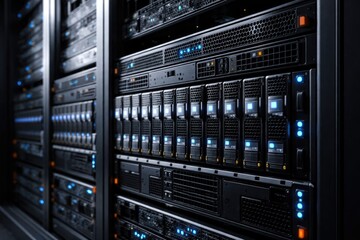 Fototapeta premium modern data center showcasing storage server with multiple hard disk bays
