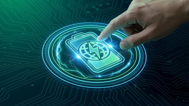 Zero carbon energy source with electricity icon on digital screen and hand finger pointing symbolizing economy and waste reduction in battery power management and technology use