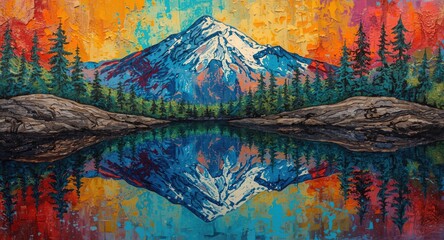 Naklejka premium vibrant abstract nature painting with mountain reflections in water and detailed wood textures