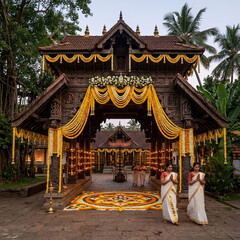 Obraz premium Traditional Kerala Temple Entrance Decorated with Yellow Flowers and Oil Lamps